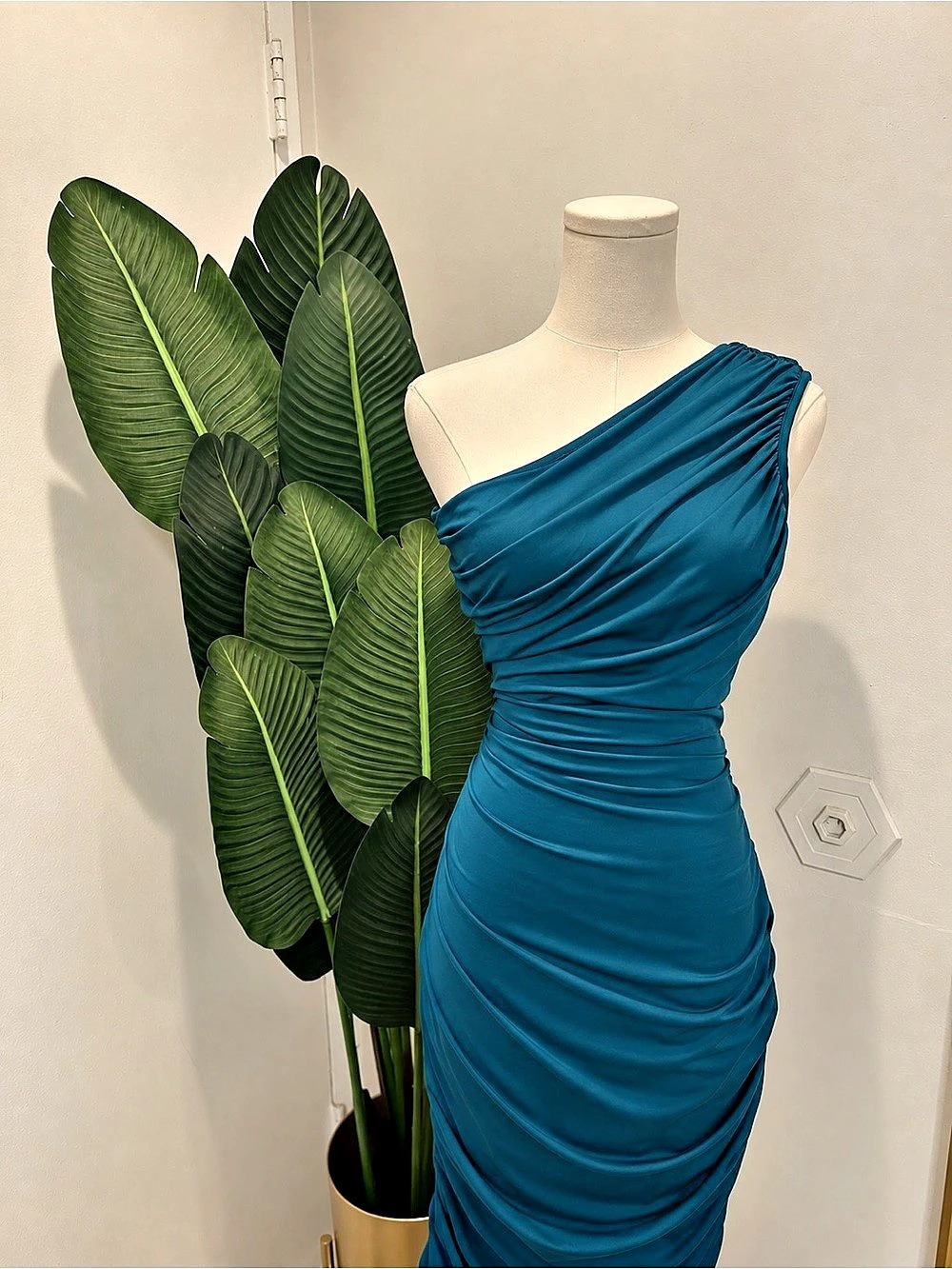 Blue Ruched One-Shoulder Midi Dress Like New